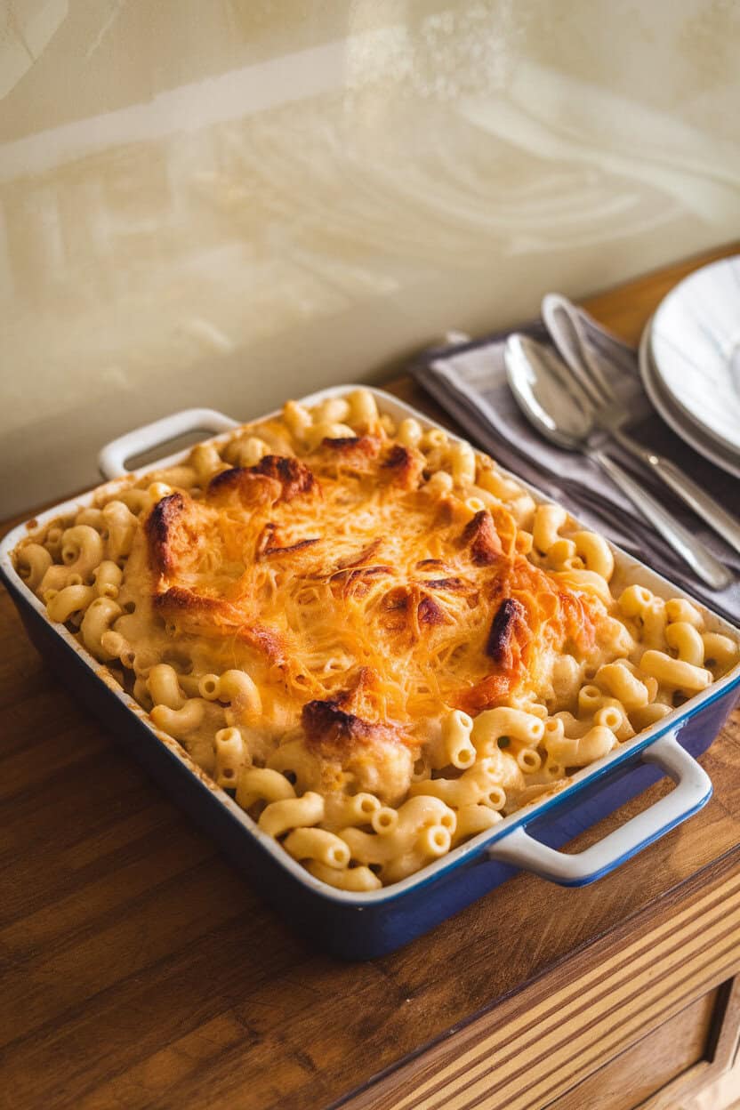 A casserole dish of creamy macaroni and cheese on an indoor kitchen table, cheese stretch visible, no text or logos.