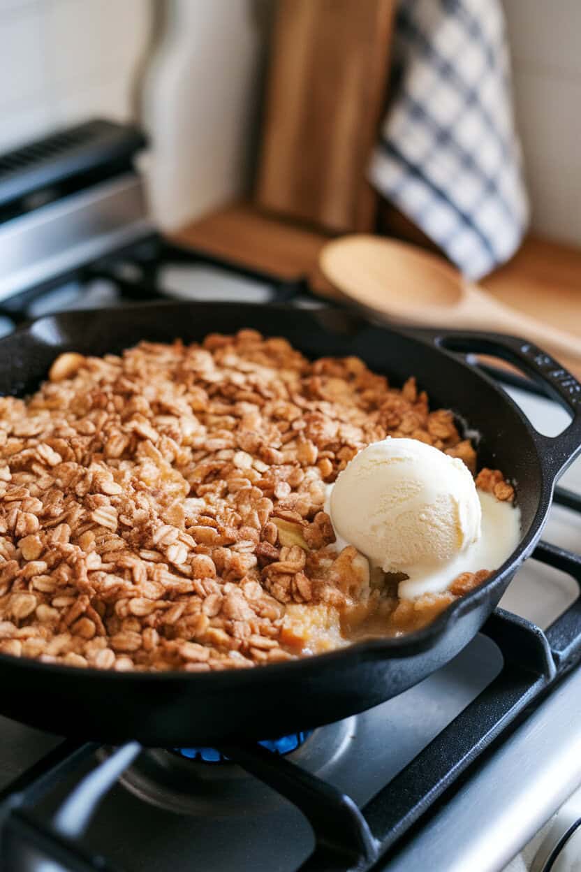 A cast-iron skillet of apple crisp on an indoor stove, oat-streusel topping browned and bubbling, a scoop of melting vanilla ice cream alongside. No text or logos.
