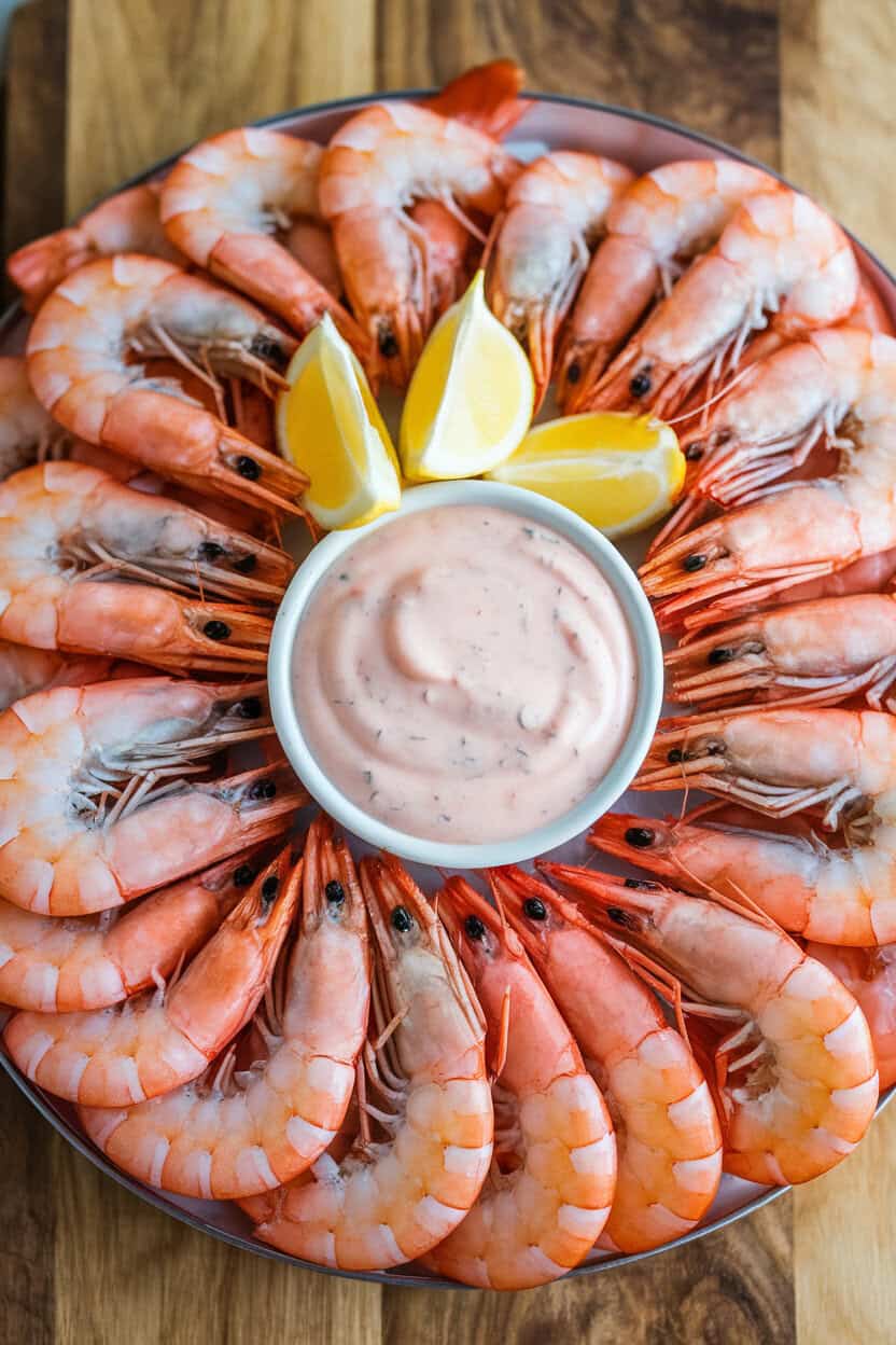 An indoor chilled platter of pink, fully cooked shrimp arrayed around a bowl of zesty cocktail sauce, lemon wedges tucked in the center. Photo only, no text or logos.