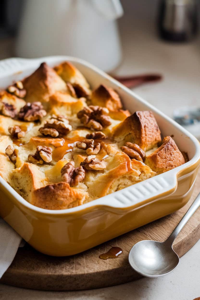 Photo prompt: Indoor casserole dish filled with golden bread pudding dotted with toasted walnuts and drizzled with maple syrup, no text or logos.