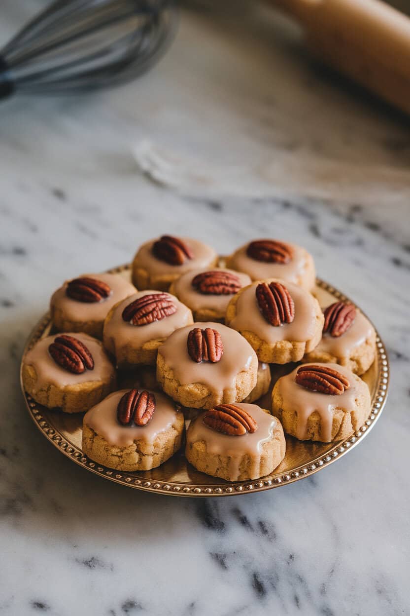 An indoor countertop with a small platter of golden thumbprint cookies, each filled with glossy maple glaze and topped with a toasted pecan half. No text or logos visible.