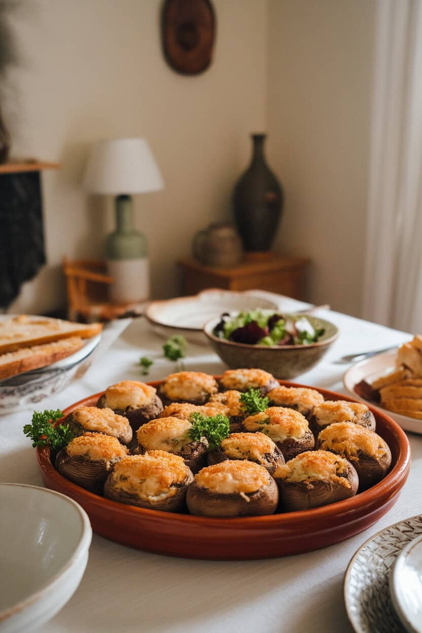 Photo of an indoor kitchen table set with a ceramic platter of baked stuffed mushrooms, caps bubbling with a golden garlic-Parmesan crust and a few parsley sprigs for color. Warm ambient lighting, no text or logos anywhere in frame.