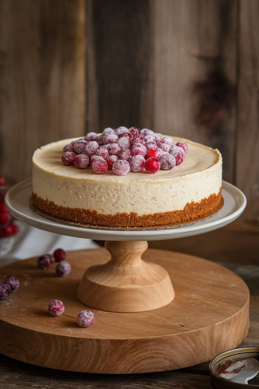 An indoor dining table displaying a round cheesecake on a cake stand, gingersnap crust visible along the sides, topped with sugared cranberries; no text or logos. Photo.