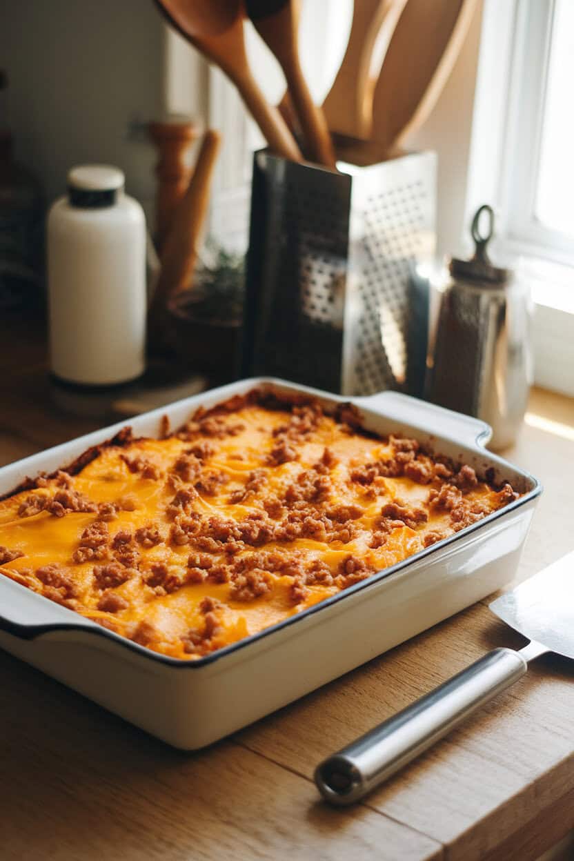 A warmly lit indoor kitchen table showcasing a golden breakfast casserole with browned cheddar on top, flecks of crumbled sausage visible, served in a white 9×13 dish with a metal spatula. No text or logos anywhere in the scene. Photo, not illustration.