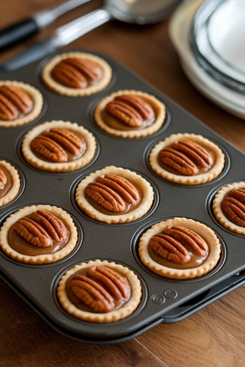 An indoor photo of miniature maple pecan tassie pies in a mini muffin tin, glossy filling visible, no text or logos present.