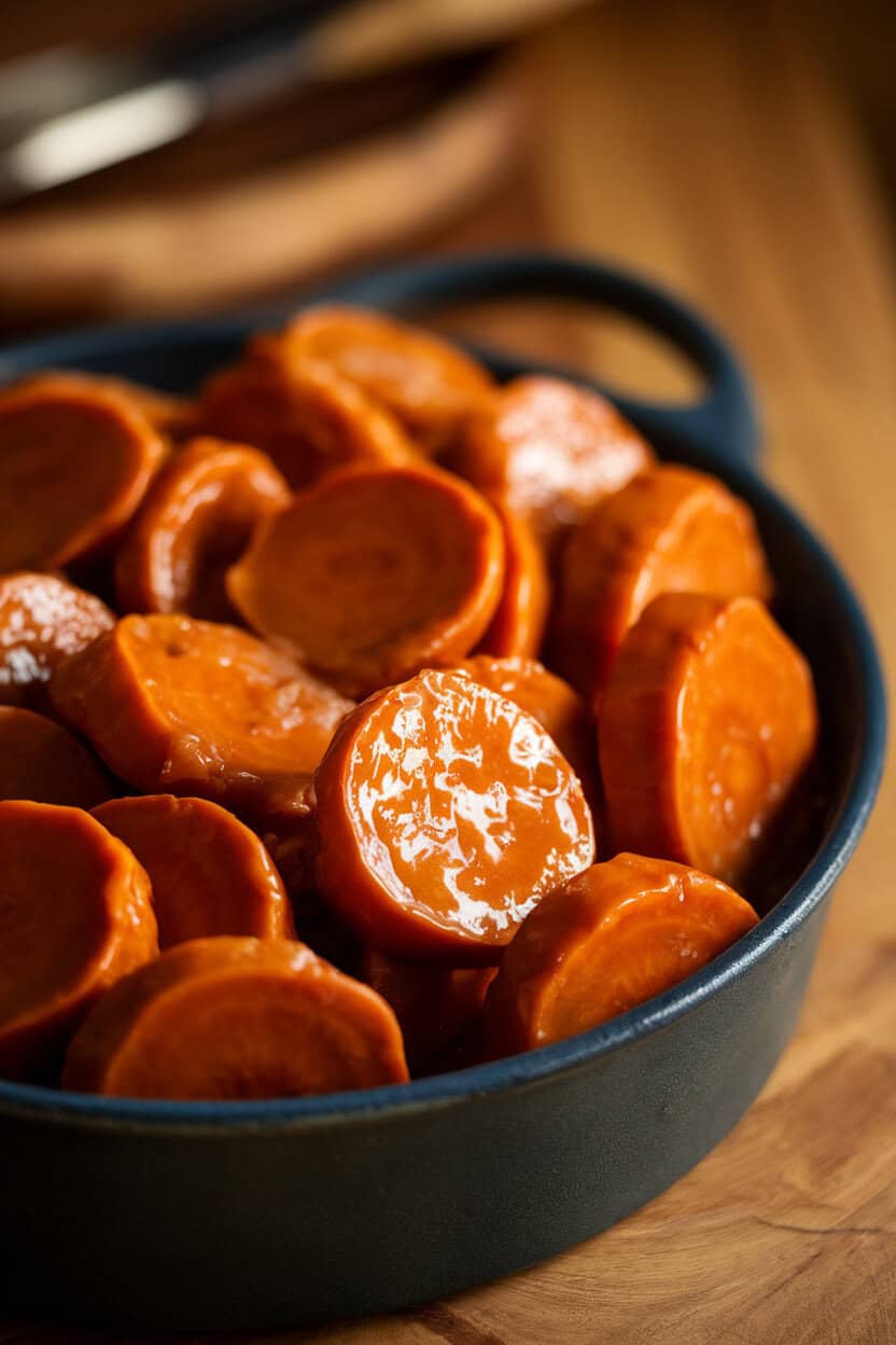 Glazed rounds of candied yams shimmering with brown sugar syrup in a casserole dish indoors. No text or logos. Photo, not illustration.