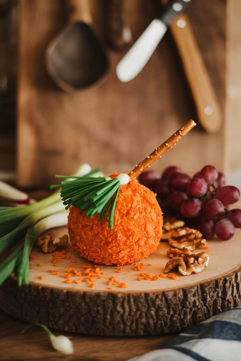 An indoor cheese board featuring a round orange cheese ball coated in crushed cheddar crackers, with a pretzel-stick “broom handle” and green onion tassels. No logos or text.