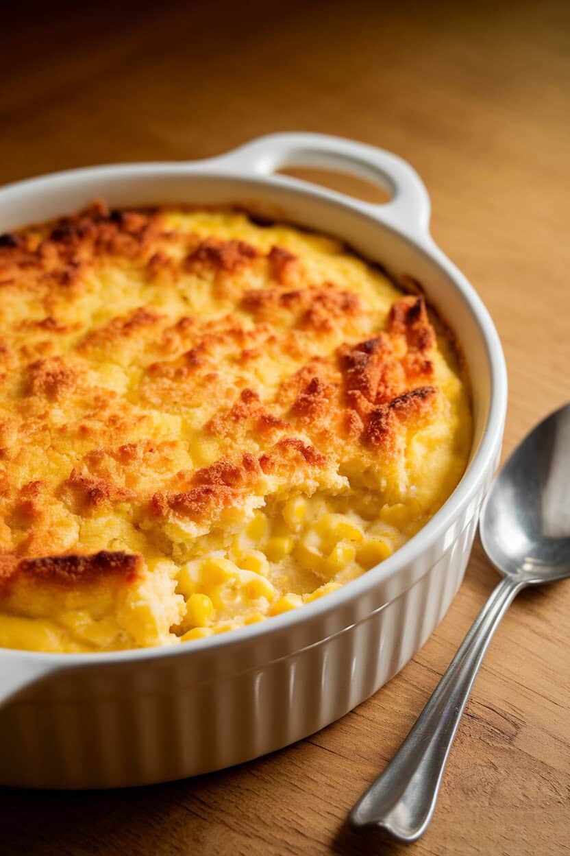 An indoor casserole dish of creamy corn pudding with a golden crust, a serving spoon resting beside. No text or logos. Photo, not an illustration.