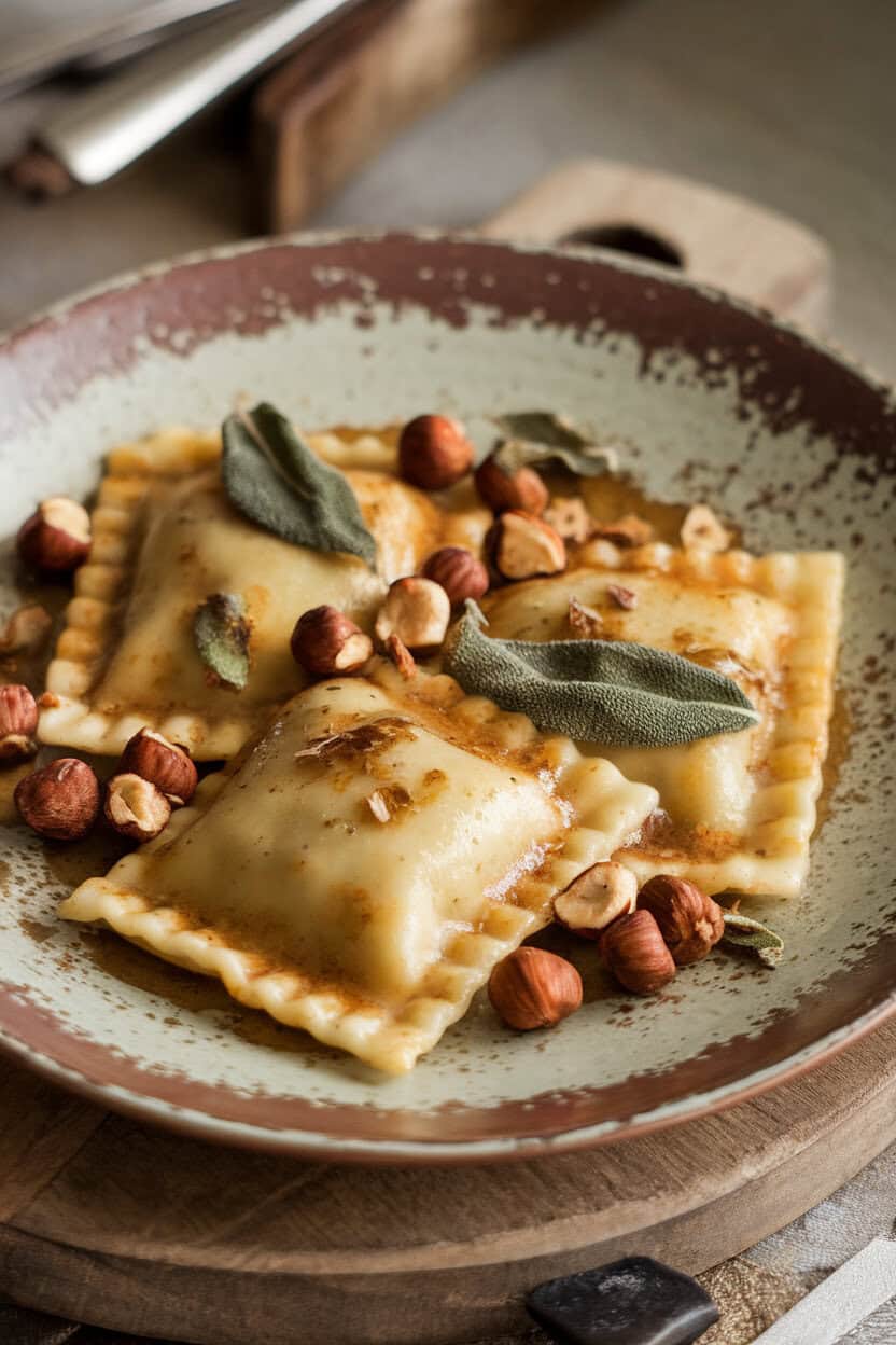 An indoor close-up of ravioli tossed in brown butter, flecked with crisp sage leaves and toasted hazelnuts, presented on a rustic plate. No text or logos.