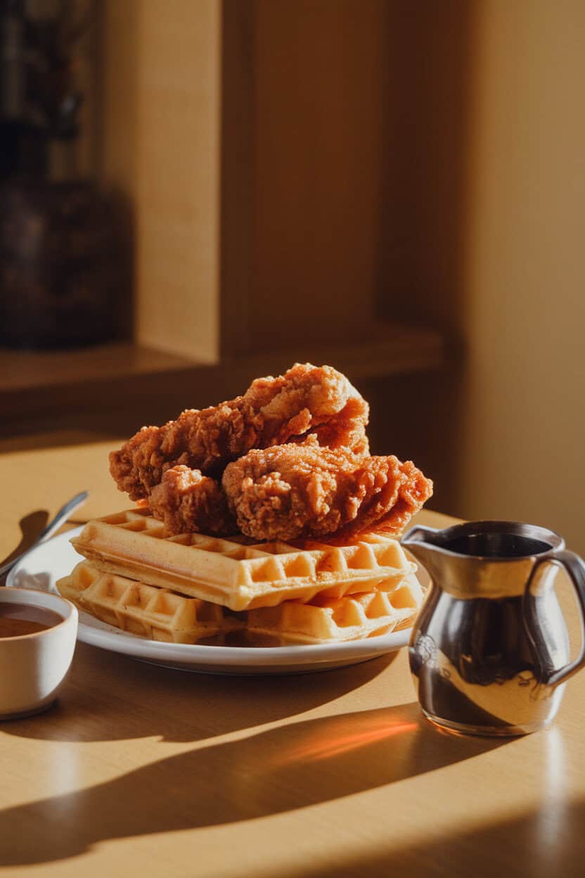 A breakfast nook table featuring crispy fried chicken atop fluffy waffles, a small pitcher of maple syrup nearby; indoor lighting; no text or logos; photo