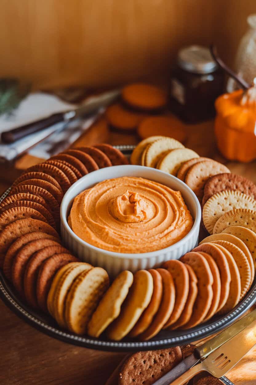 Photo, not illustration. Indoor platter featuring a bowl of creamy pumpkin cheesecake dip surrounded by assorted gingersnap and graham cookies. No logos.
