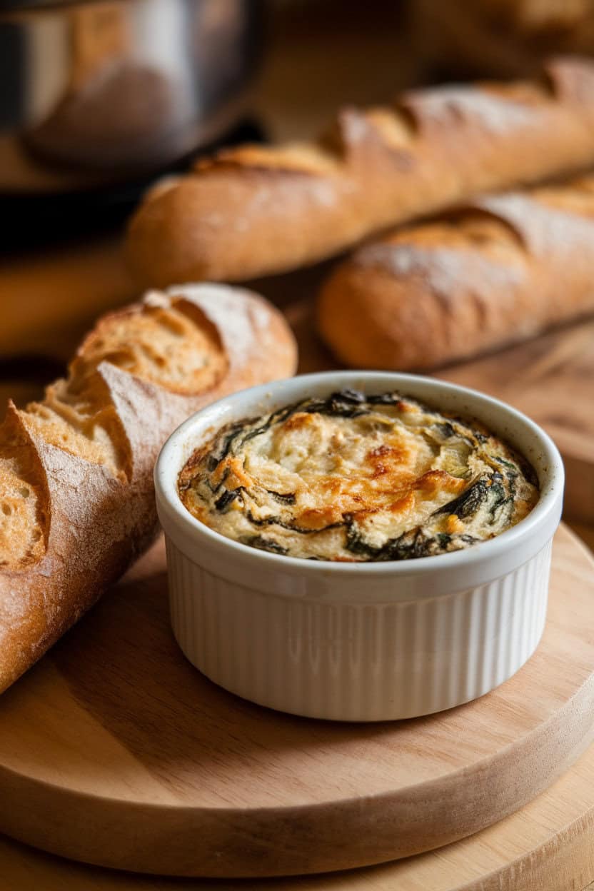 An indoor ramekin of bubbling spinach-artichoke dip with a crusty baguette alongside—no text or logos.
