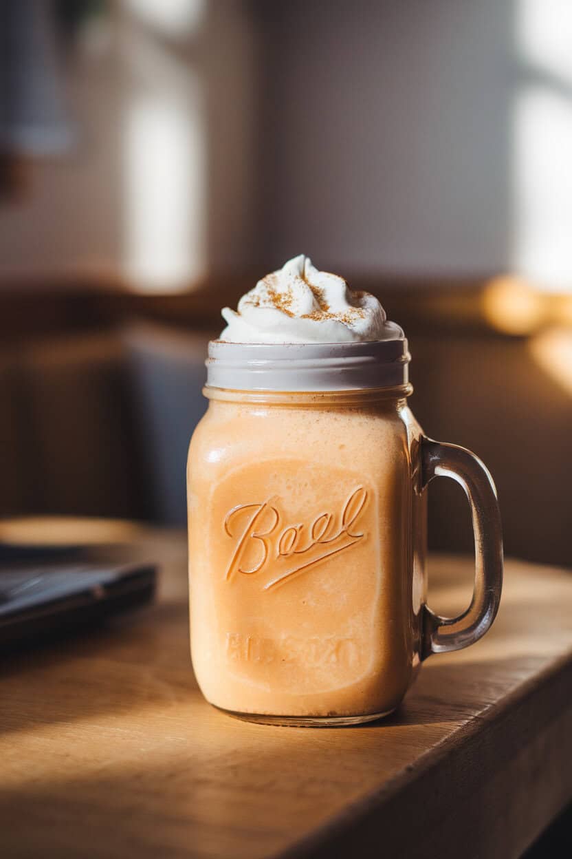 Indoor breakfast nook with a mason jar smoothie, creamy orange hue, topped with whipped cream and a sprinkle of nutmeg; soft morning light; no text or logos