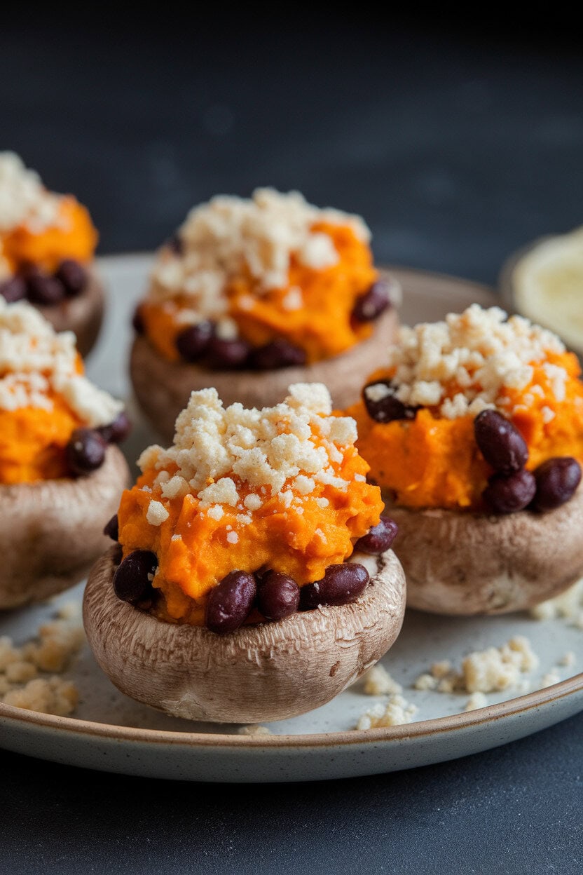 Photo indoors of a neutral plate with stuffed mushrooms containing orange sweet potato mash and black beans, cotija crumbles on top. No text or logos present.