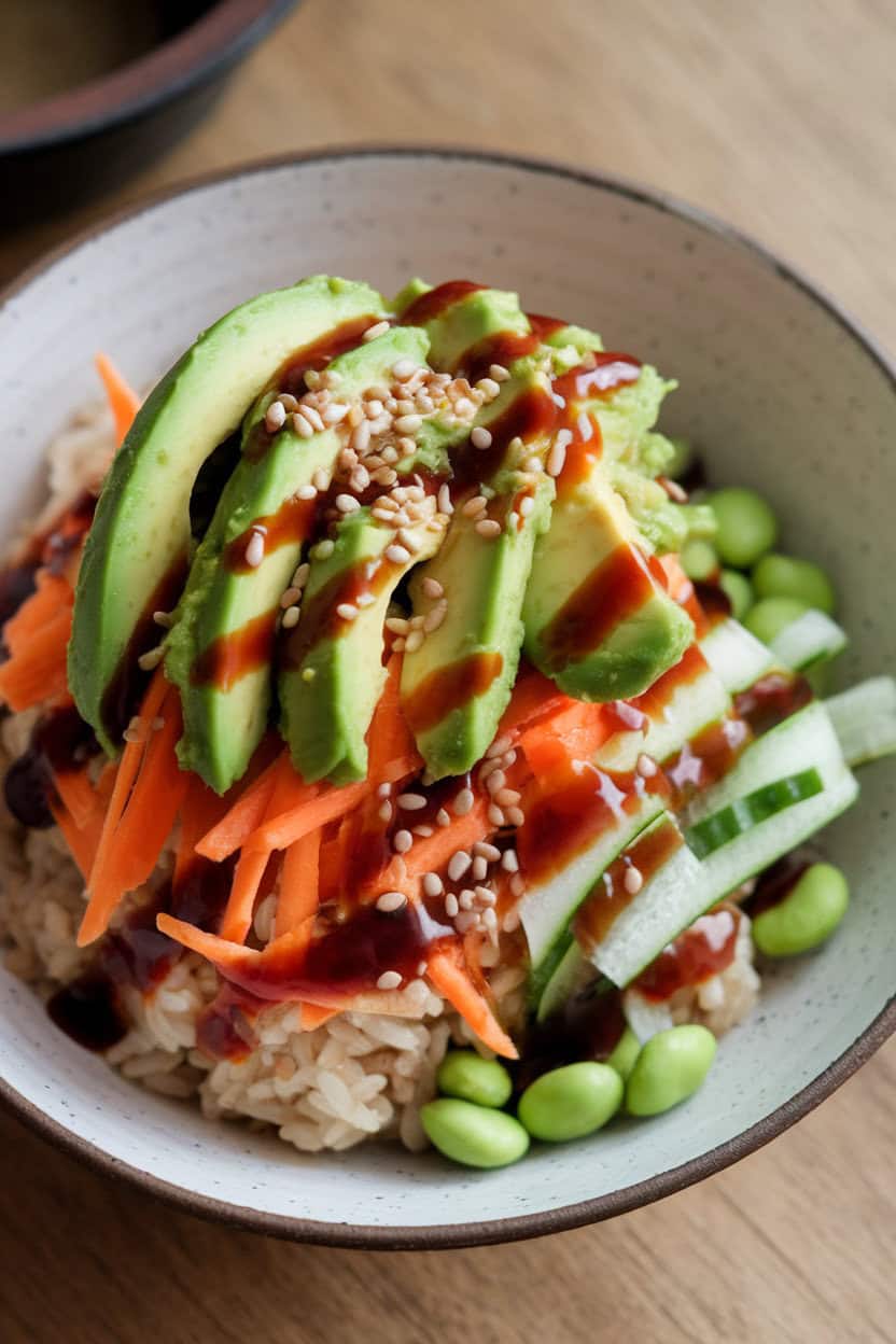 An indoor bowl of sticky rice topped with avocado, shredded carrots, cucumber ribbons, edamame, and sesame seeds, drizzled with soy sauce. No text or branding included.