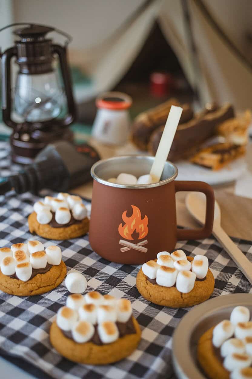 Photo prompt: Indoor camp-themed tabletop with s’mores pumpkin cookies featuring toasted mini marshmallows on top, no text or logos.