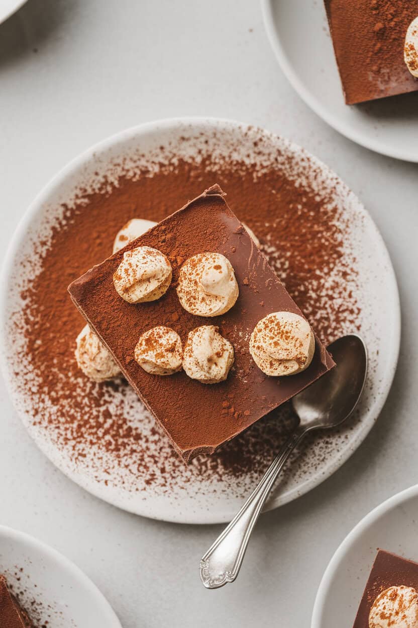 Indoor photo of milk-chocolate toffee dusted with cocoa powder and dotted with espresso-soaked ladyfinger crumbs. No text or logos.