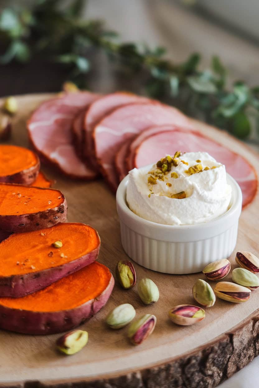 Photo indoors showing roasted sweet potato rounds, thin slices of country ham, whipped goat cheese in a ramekin, and salted pistachios scattered nearby. No text or logos.