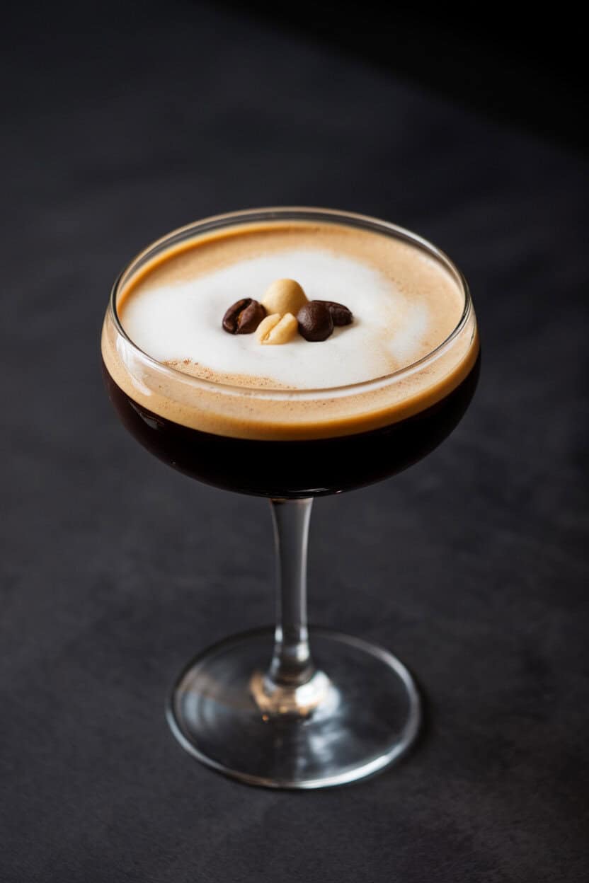 Stemmed cocktail glass containing dark espresso martini with a tri-bean coffee garnish centered on a creamy foam layer. Indoor photo, no logos or text.