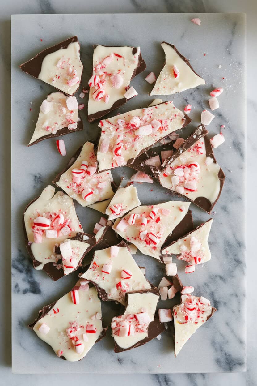 An indoor overhead shot of a marble slab scattered with broken shards of dark-and-white chocolate peppermint bark, crushed candy cane pieces glistening on top; soft window light, no text or logos. Photo, not illustration.