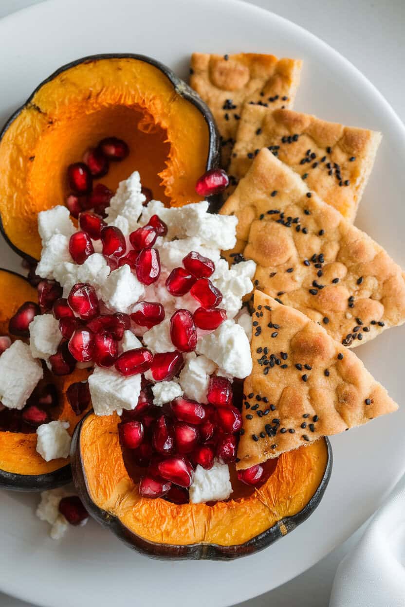 Indoor photo of roasted acorn squash half-moons, crumbled feta, pomegranate arils, and sesame flatbread pieces. No text or logos.