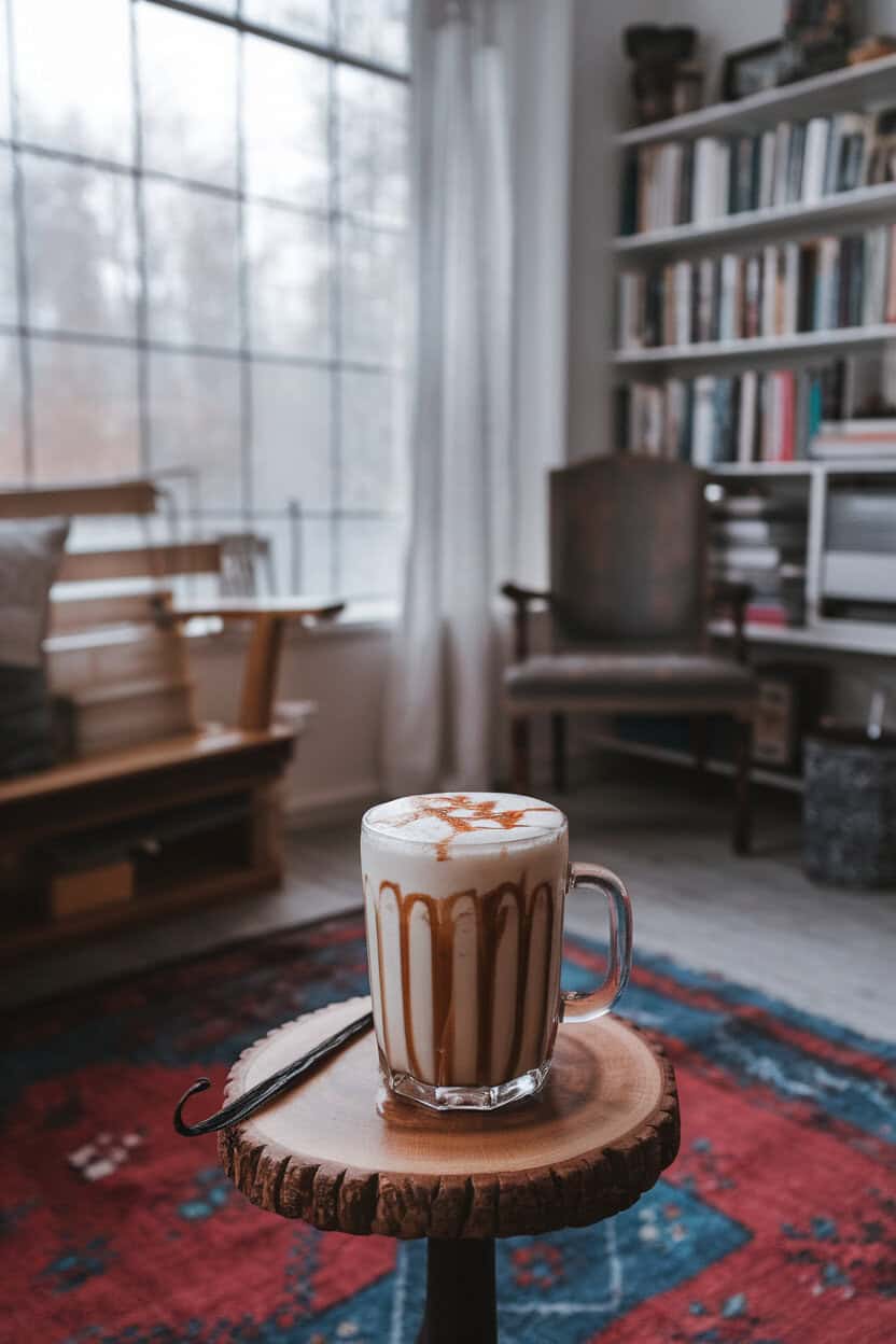 Indoor living-room setting, frosty window in background, clear glass mug of frothy milk drink drizzled with brown sugar syrup, vanilla bean pod nearby; no logos