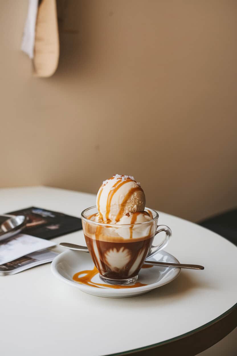 An indoor coffee cup containing vanilla ice cream topped with hot espresso and a drizzle of salted caramel sauce—photo, no text or logos