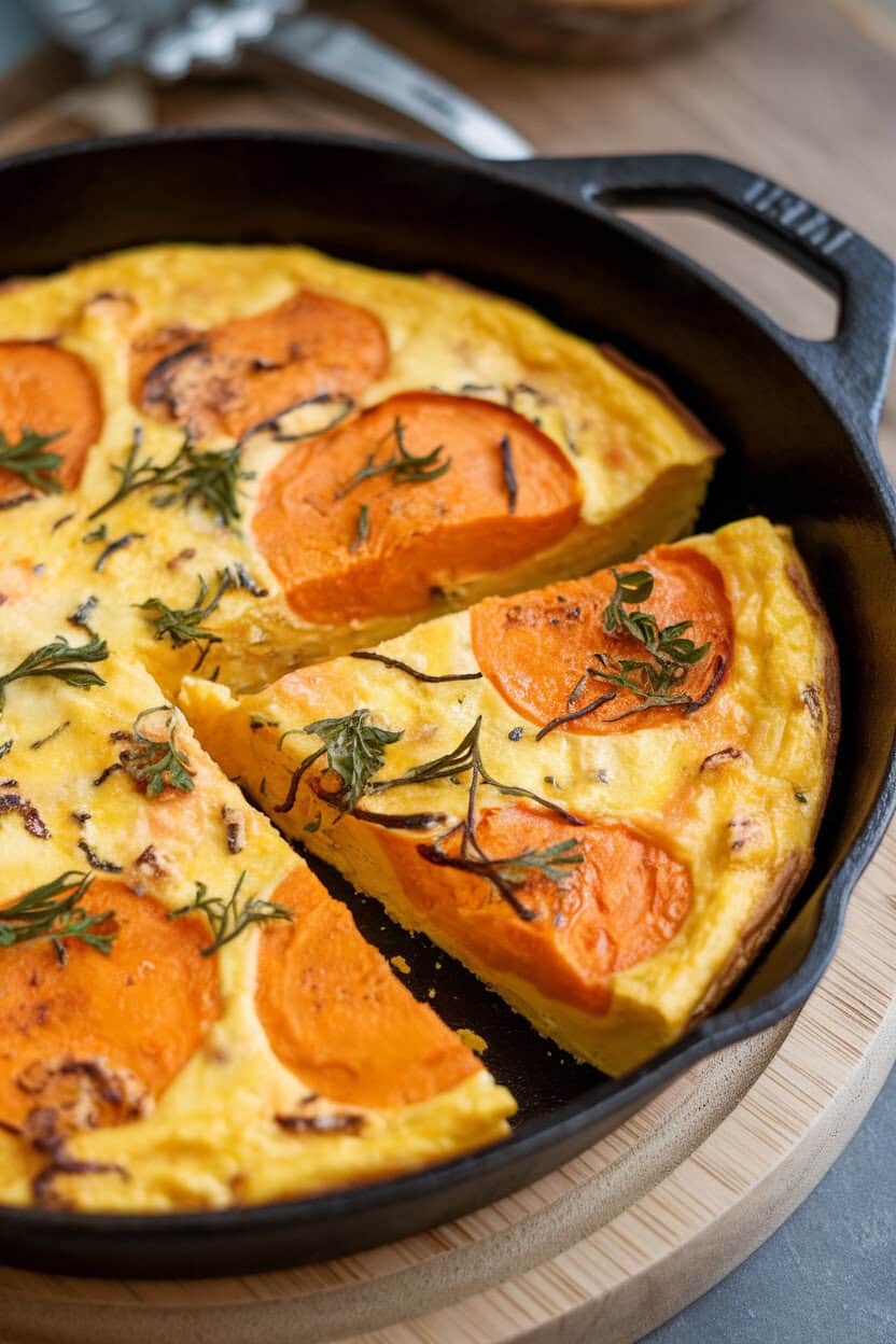 Indoor photo of a sliced wedge of butternut squash frittata in a cast-iron skillet, flecks of goat cheese and herbs visible; no text or logos.