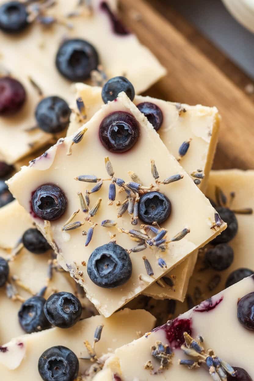 Indoor close-up of white-chocolate toffee dotted with dried blueberries and a sprinkle of culinary lavender buds. No text or logos.