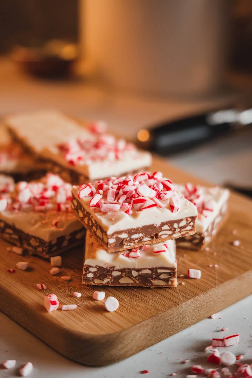 Indoor photo of white-chocolate-topped cracker toffee flecked with crushed red-and-white peppermint candies on a cutting board. No text or logos.