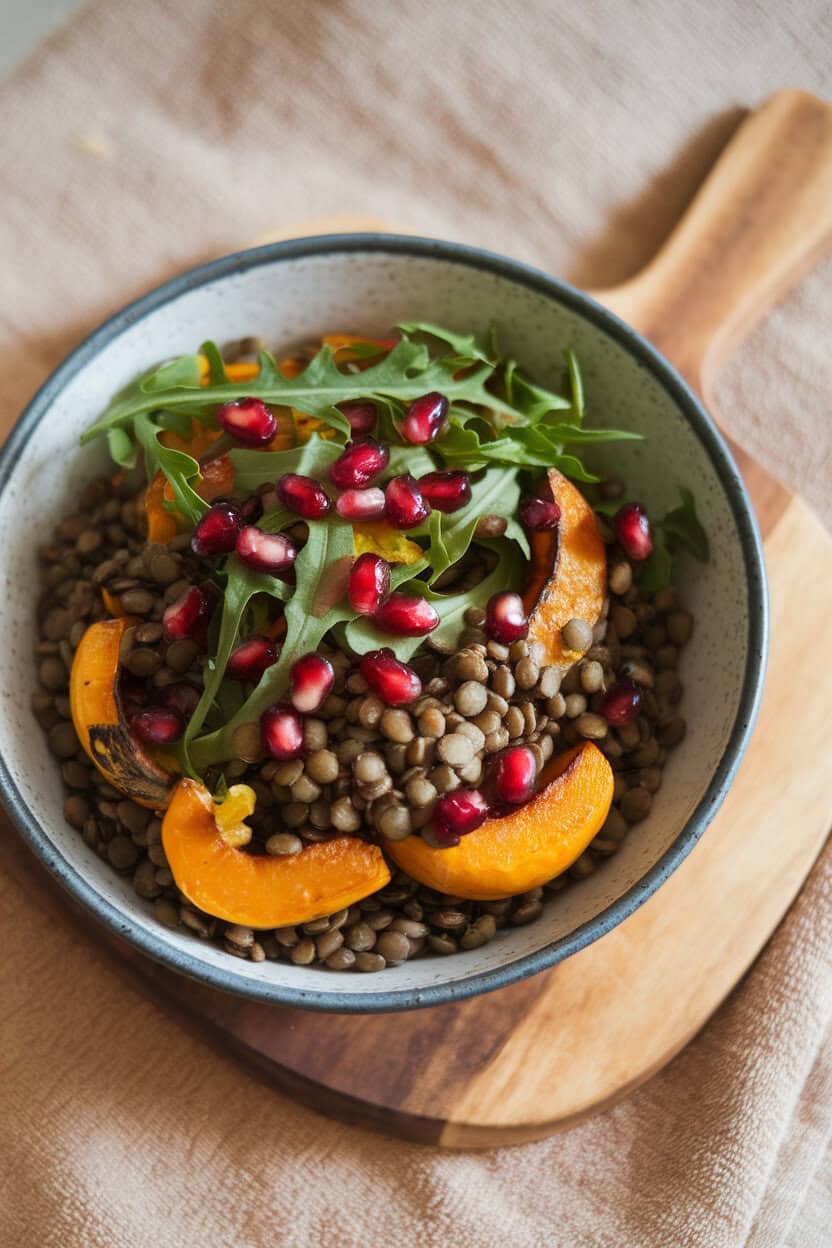 Indoor photo of a wide bowl containing roasted squash, French green lentils, arugula, and pomegranate seeds; light vinaigrette sheen, no text or logos.