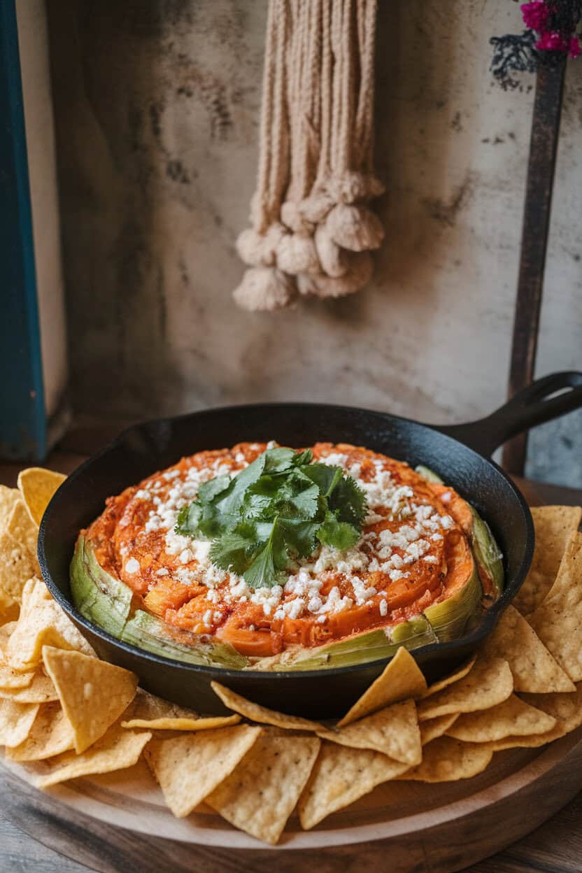 Photo of a cast-iron skillet indoors with creamy elote dip topped with cotija cheese and cilantro, surrounded by tortilla chips; no logos