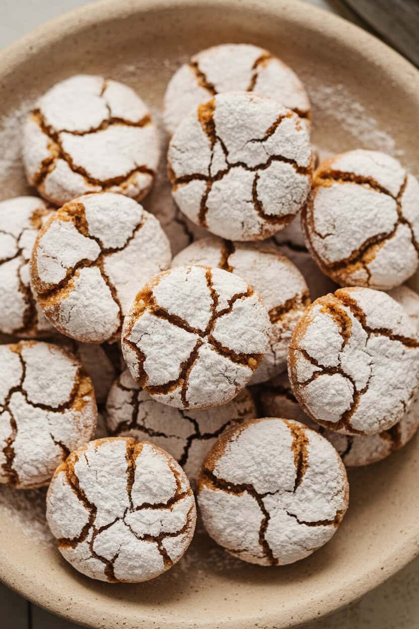 An indoor stoneware plate of round German pfeffernüsse cookies dusted with powdered sugar, subtle cracks visible on the surface. No text or logos. Photo, not illustration.