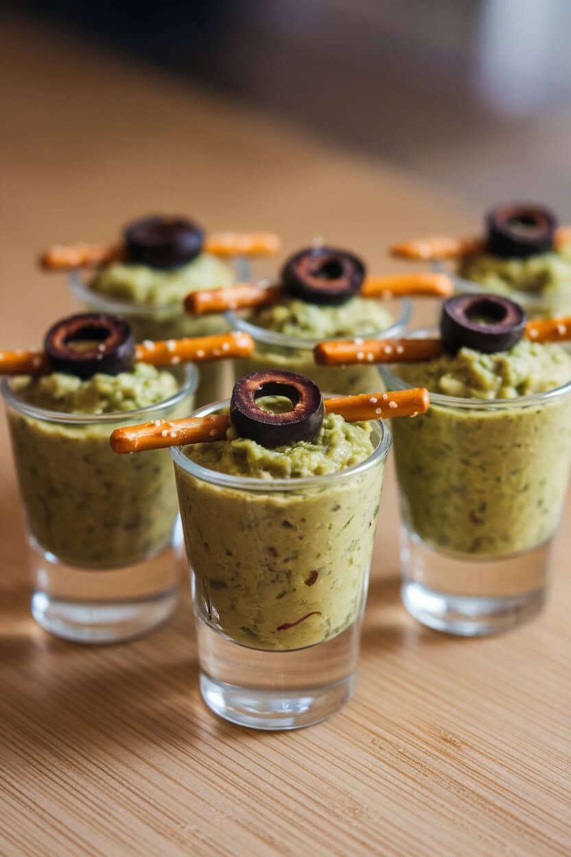 Clear plastic shot glasses indoors, each filled with guacamole, topped with a black olive “hairline,” and pretzel stick “bolts” on the sides. No text or logos. Photo only.