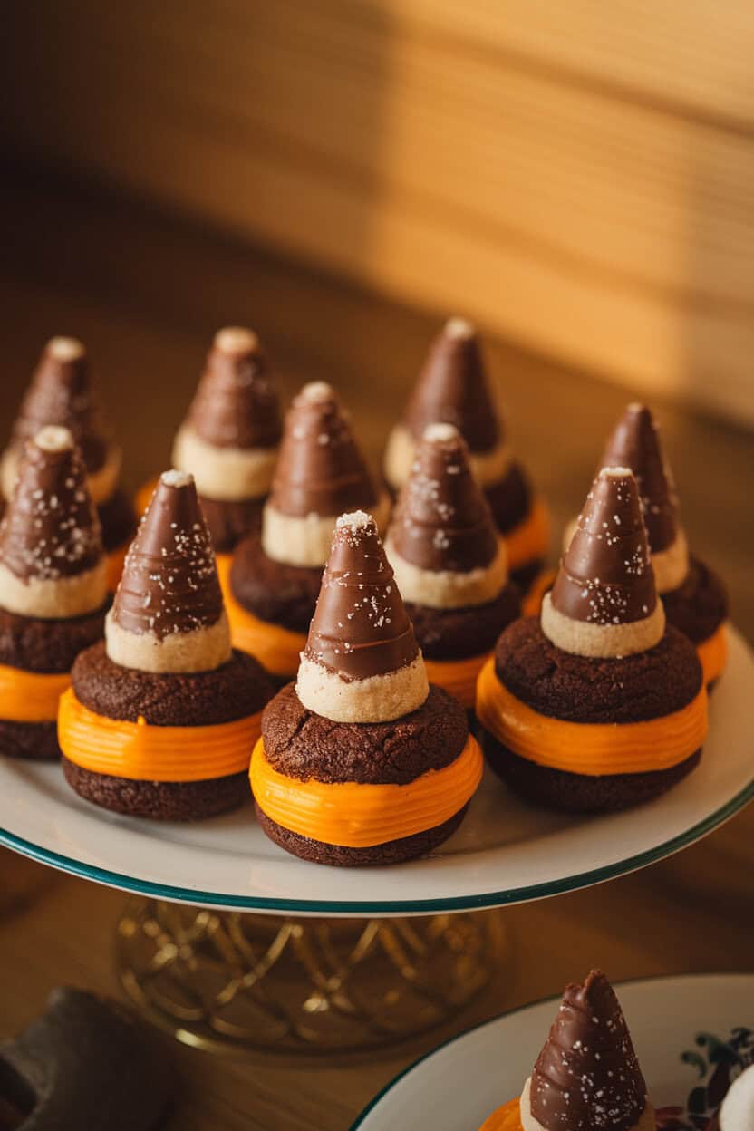 Indoor tabletop with chocolate cookies topped by chocolate-dipped sugar-cone “hats,” a band of orange frosting at the base for color. Warm light; no text or logos. Photo only.