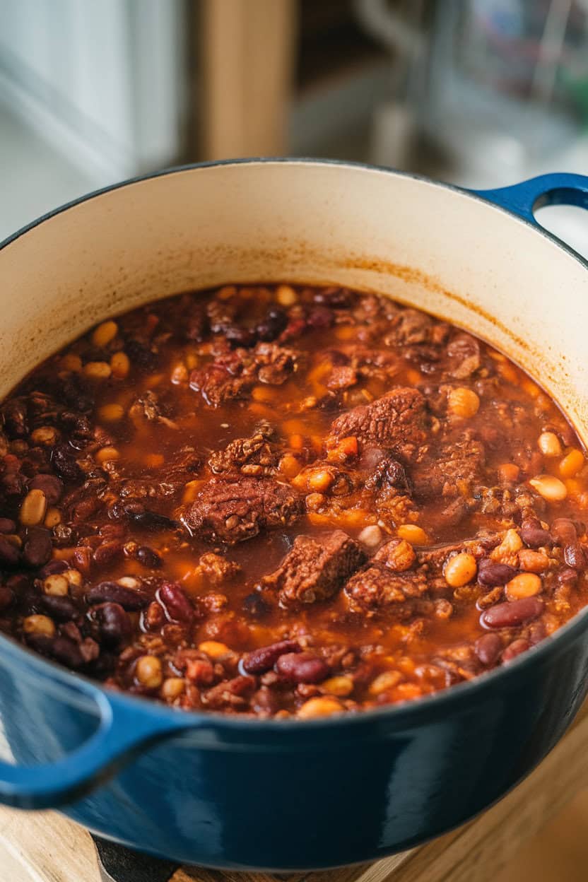 Indoor photo of a Dutch oven with beef chili simmering in a dark beer broth, bubbles visible; no text or logos on pot