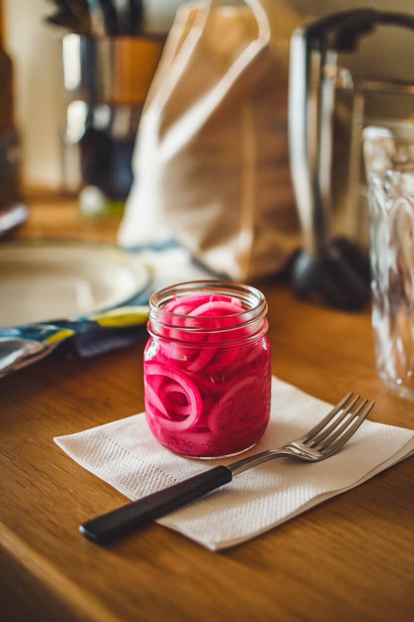 An indoor kitchen counter with a small mason jar of bright pink pickled onions, a fork resting on a napkin. No logos present. Photo, not illustration.