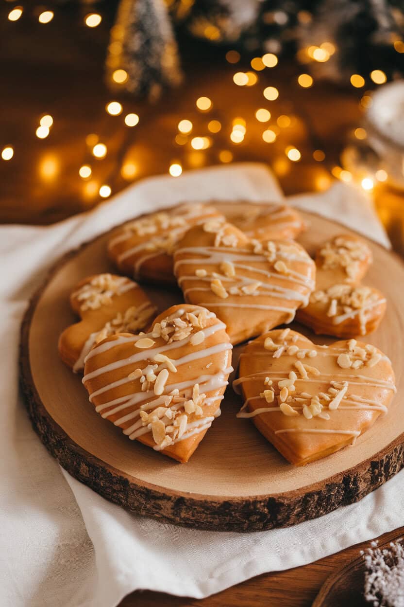 An indoor wooden board showcasing heart-shaped lebkuchen glazed lightly and decorated with almond slivers, warm festive lighting. No text or logos. Photo, not illustration.