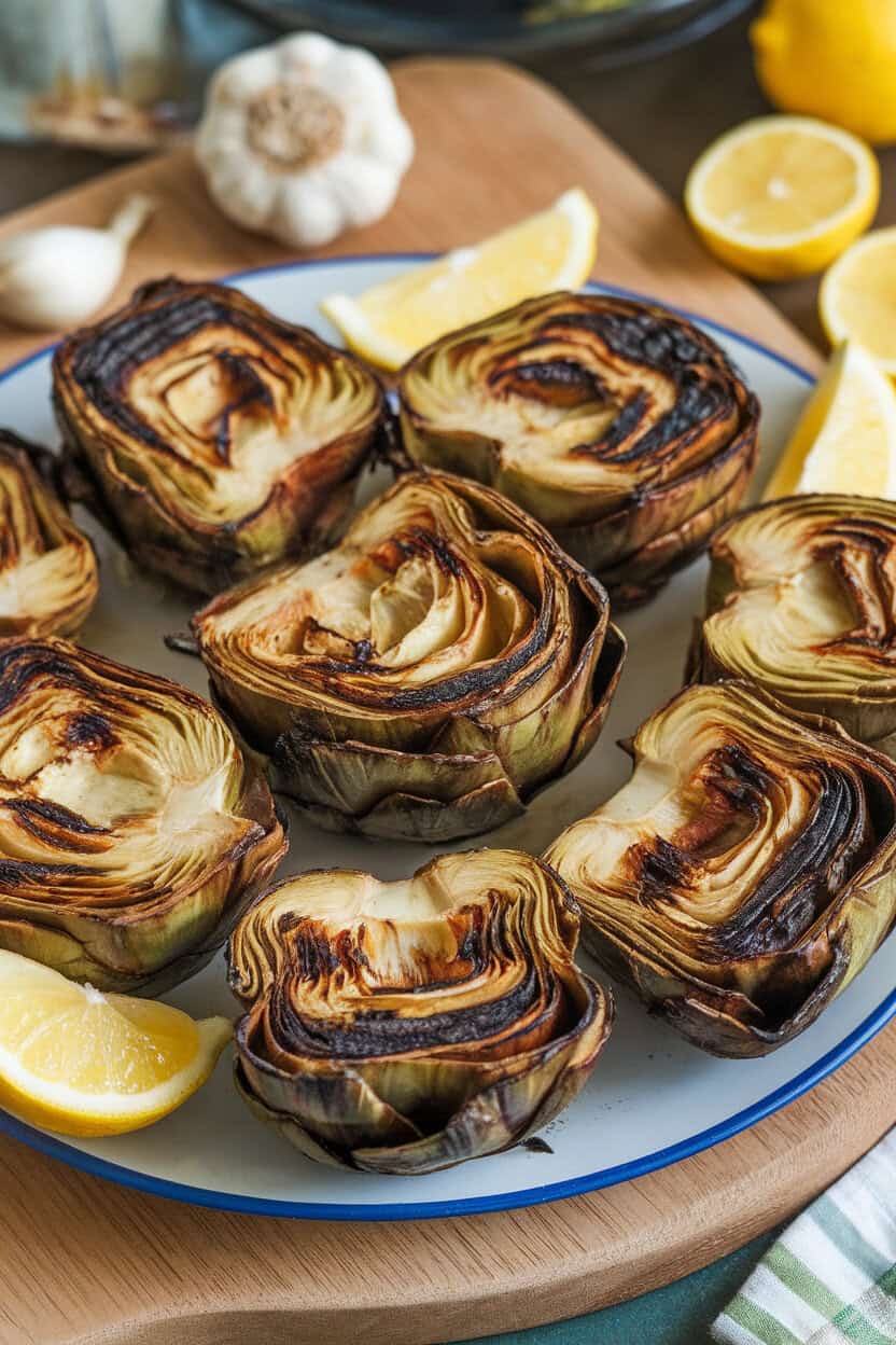 An indoor platter showing halved grilled artichokes with char marks, brushed in lemon-garlic butter. No text or logos.