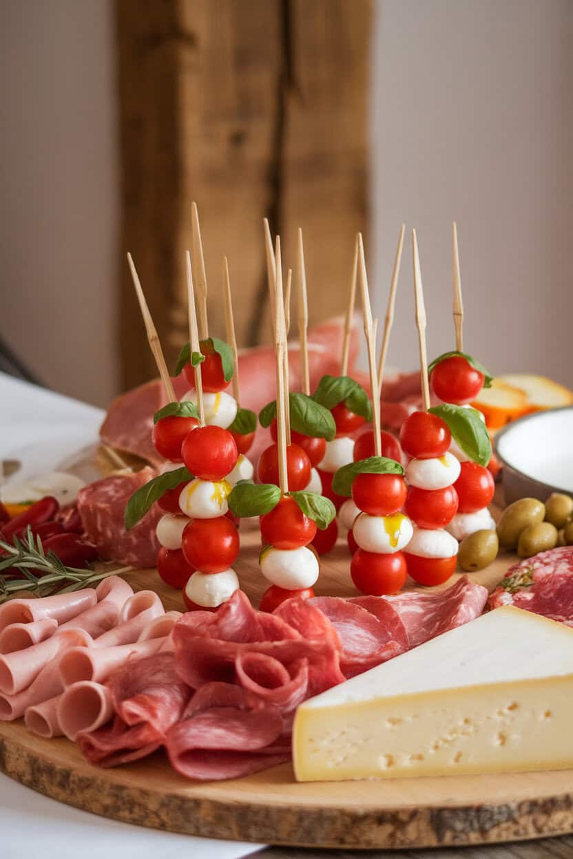 An indoor dining table featuring short bamboo skewers threaded with cherry tomatoes, mozzarella pearls, and basil leaves, lightly glossed with olive oil. No text or logos visible.