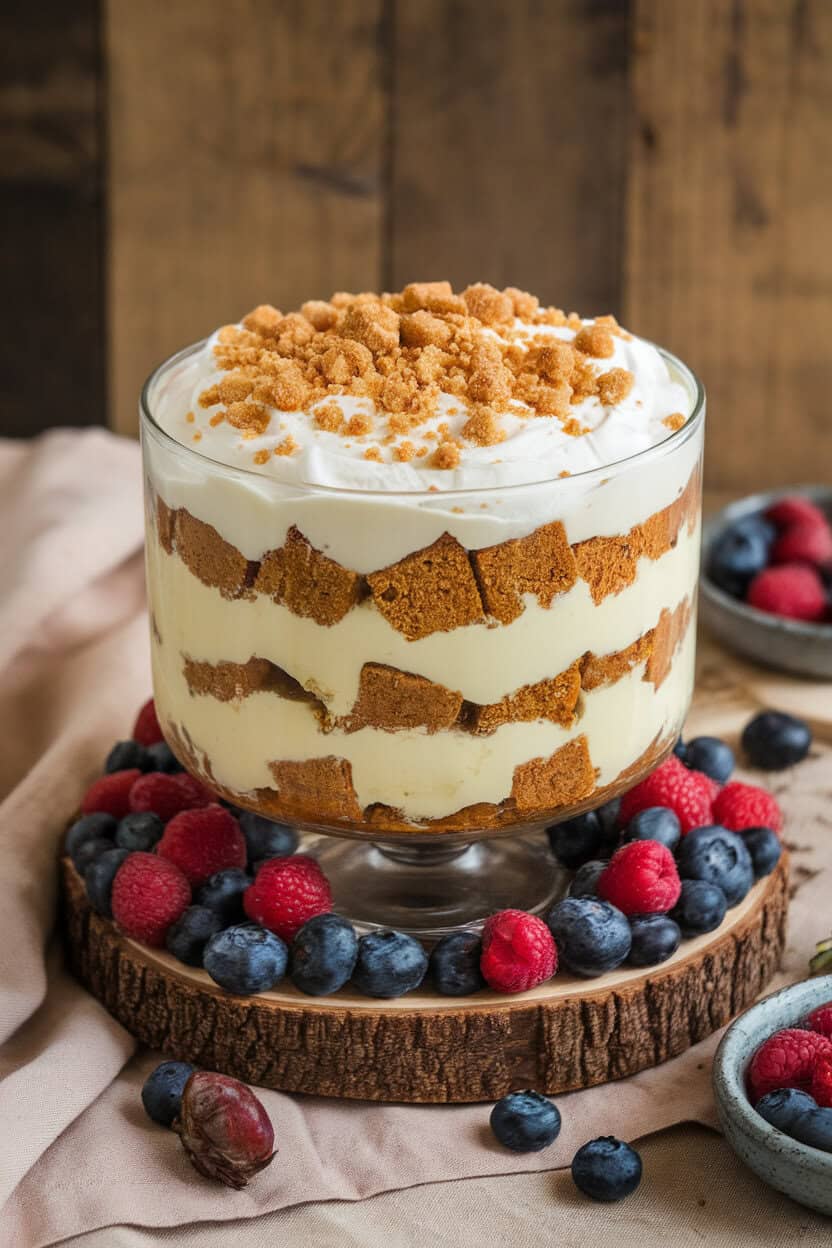 An indoor trifle dish layered with gingerbread cubes, vanilla custard, and whipped cream, topped with cookie crumbs—no text or logos.