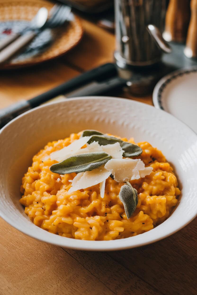 A white bowl on an indoor dining table filled with creamy butternut squash risotto, topped with shaved Parmesan and sage leaves—photo, no text or logos