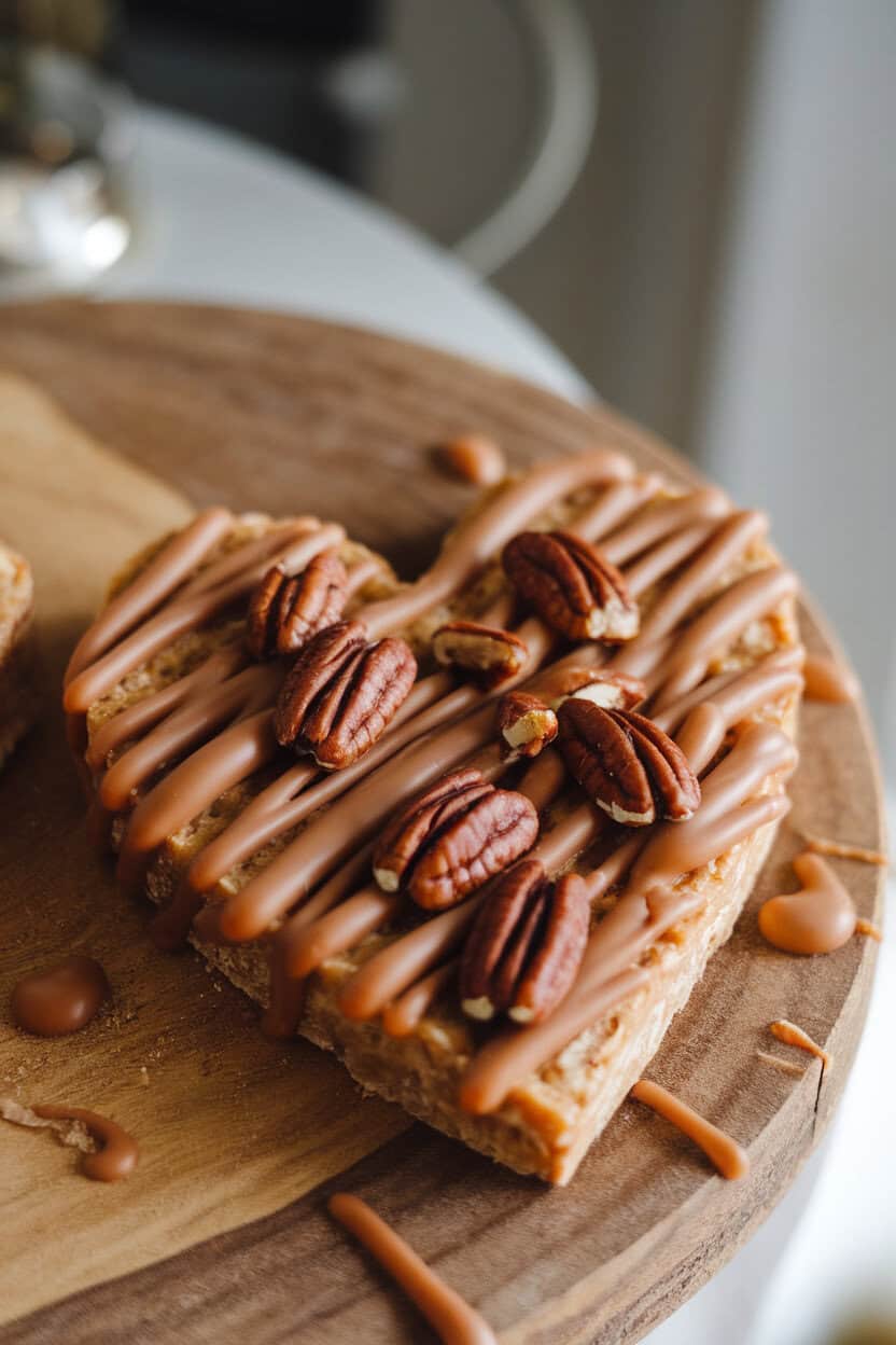 Indoor shot of cracker toffee draped in extra caramel ribbons and studded with toasted pecan halves, on a wooden board. No text or logos.