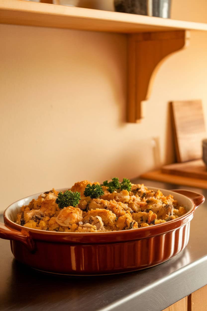 A ceramic baking dish on an indoor counter showcasing golden stuffing with visible oyster pieces and parsley garnish, captured close-up. No text or logos; photo, not illustration.