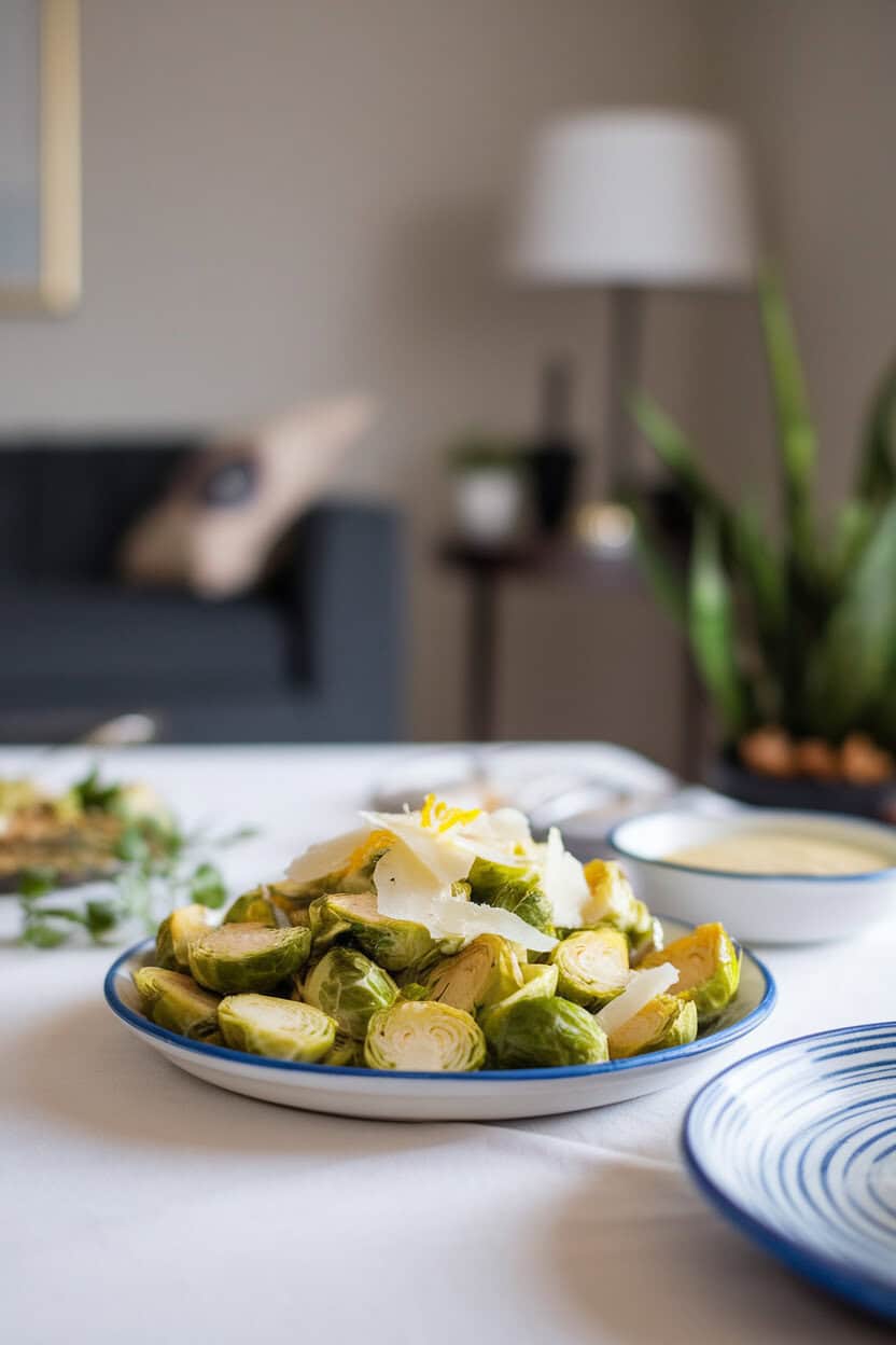 Indoor dining table showing halved roasted Brussels sprouts tossed in Caesar dressing, topped with shaved Pecorino and lemon zest. No logos or text. Photo.