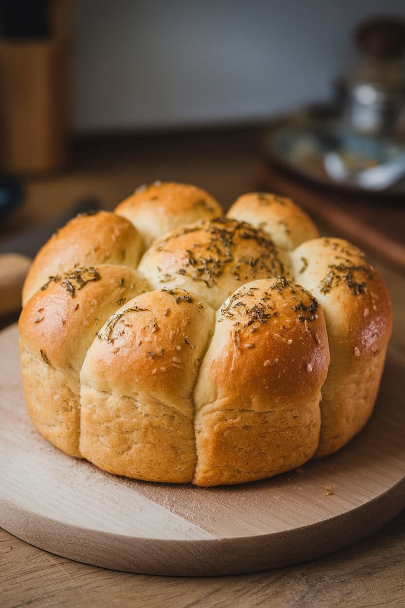 An indoor breadboard holding a round loaf of golden pull-apart bread brushed with melted herb butter, pieces slightly tugged apart to show the fluffy interior. Soft kitchen lighting; no logos or text. Photo only.