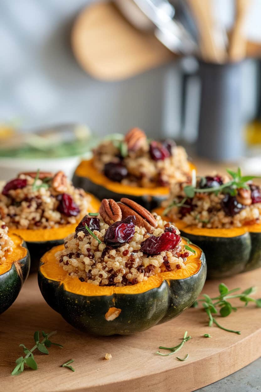 Indoor photo of roasted acorn squash halves filled with quinoa, cranberries, and pecans, herbs sprinkled on top. No text or logos.