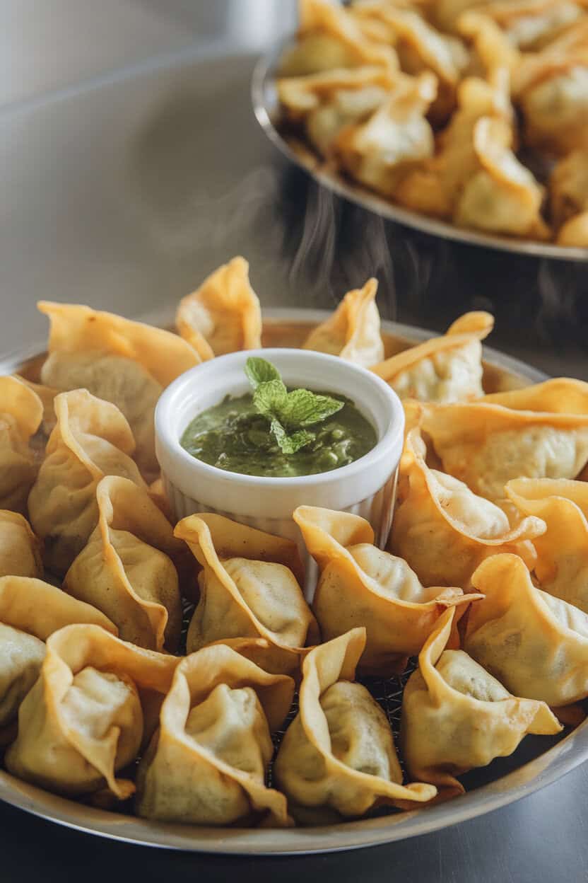 Photo of golden fried wontons indoors on a platter with a small bowl of green mint chutney; steam lightly rising, no logos