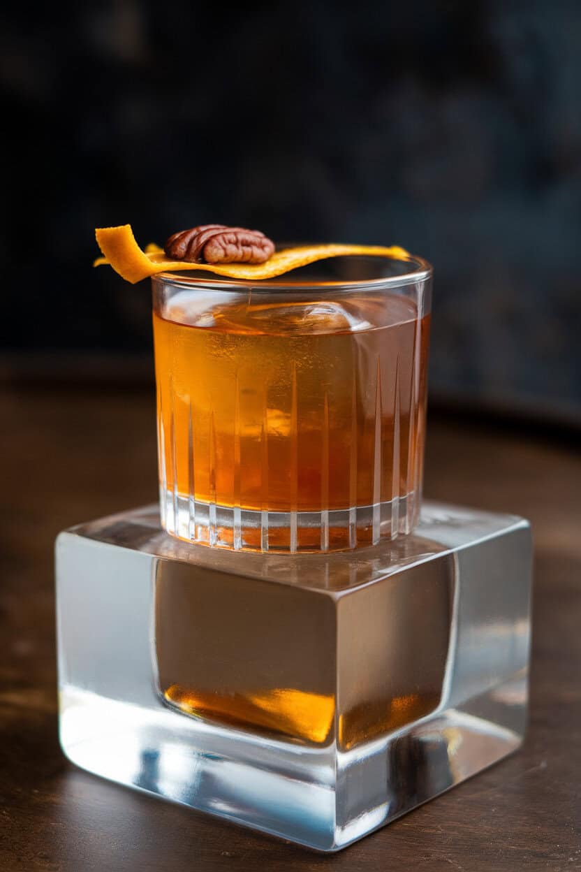 Indoor rocks glass with amber cocktail over a large clear cube, tiny toasted pecan resting on orange peel garnish. No logos.