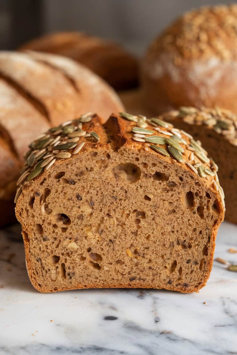 Photo of a multigrain loaf sliced to reveal sunflower, flax, and pumpkin seeds throughout, taken indoors on a marble surface. No logos or text.